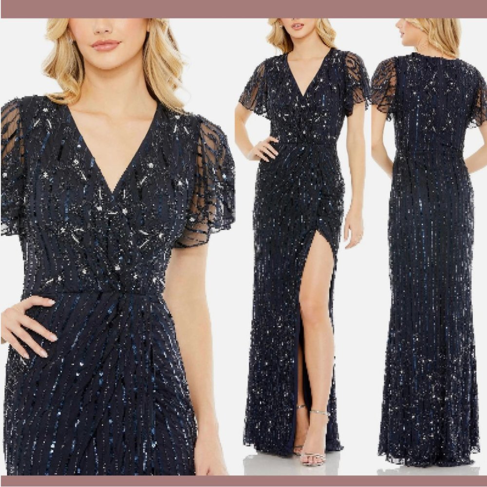 NWT $698‎ Mac Duggal [ 2 ] Embellished Wrap Gown with Open Slit Mid Blue #Q639